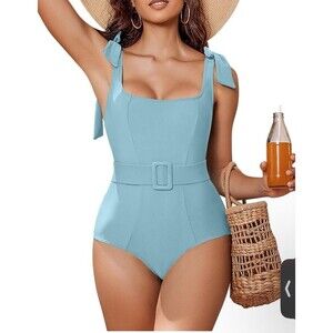 AIMAGE Women's Light Blue One Piece Swimsuit Belted Adjustable Straps, L
